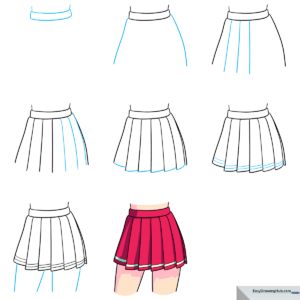 A colorful, finished illustration of an anime character wearing a pleated skirt.