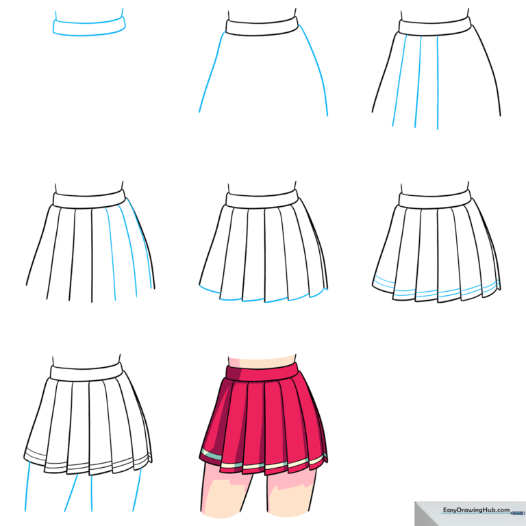 A colorful, finished illustration of an anime character wearing a pleated skirt.