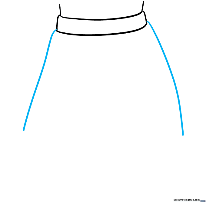 Outlining the flared sides of the skirt with long, graceful curved lines.