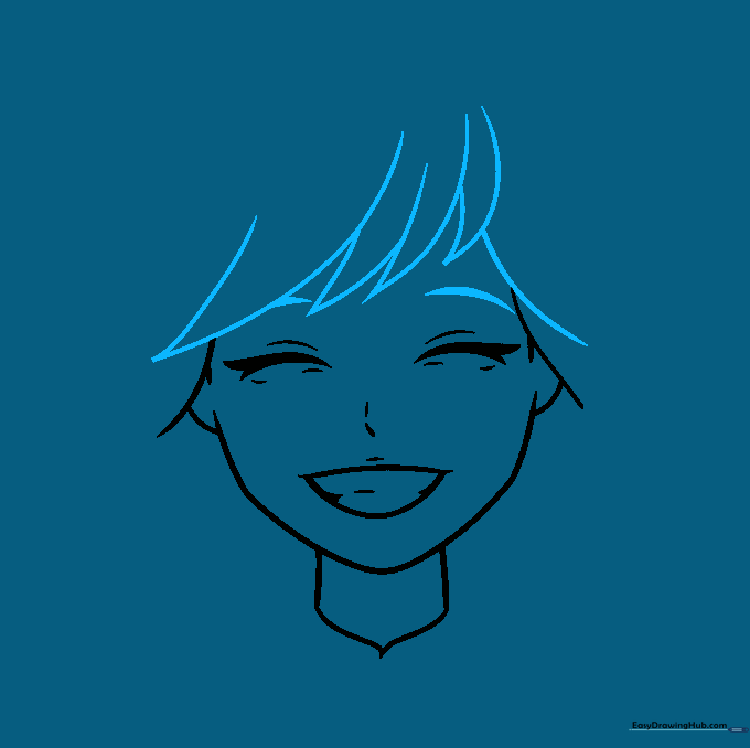 Drawing showing the addition of anime-style eyebrows and hair bangs.