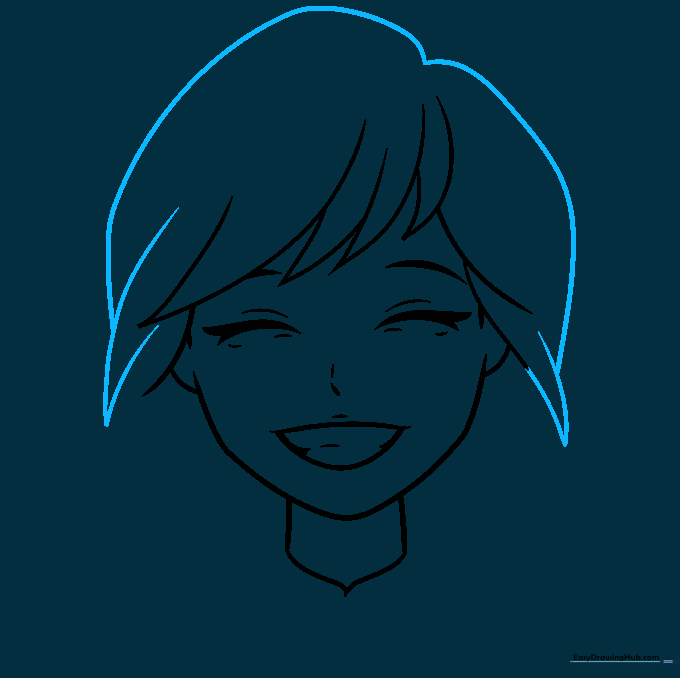 Pencil sketch showing the rounded top of the head and flowing side hair.