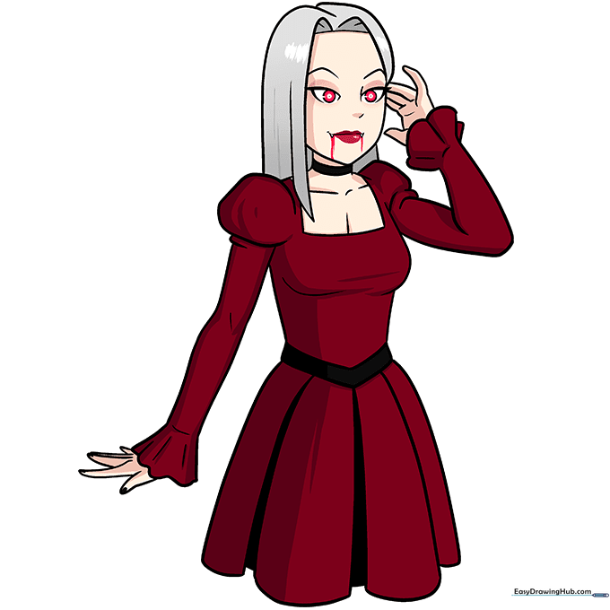 Fully colored anime vampire girl with red and black outfit.