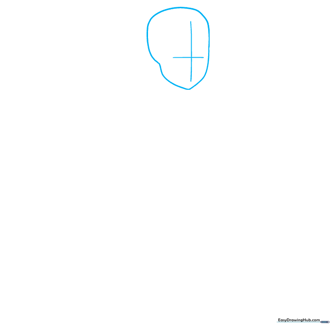 Pencil sketch of an anime girl head shape with a 3/4 profile guide cross.
