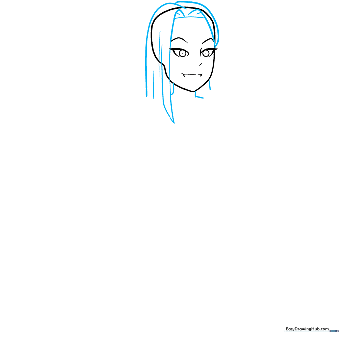 Anime girl head with hair bangs and neck outline added.