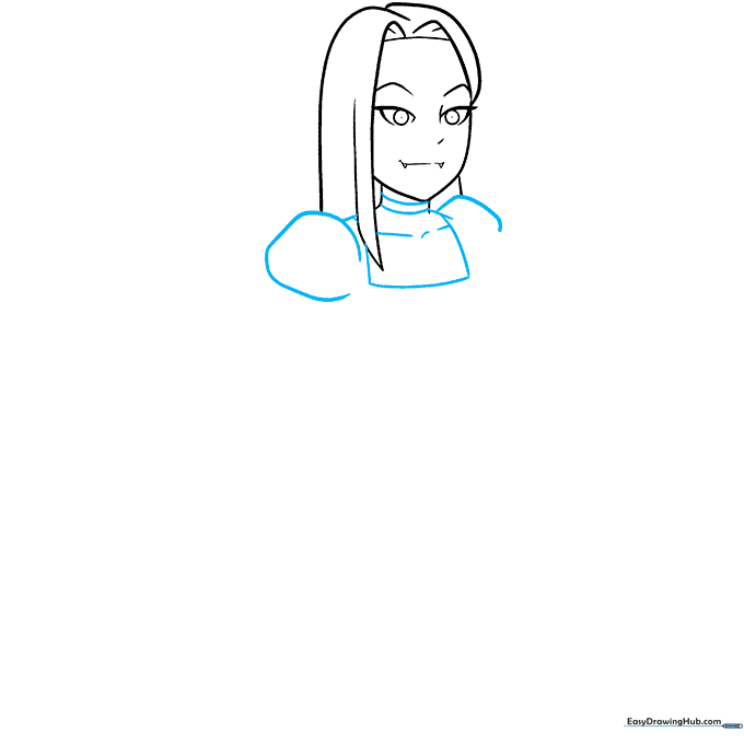 Upper body sketch of the vampire girl showing collarbones and puffy sleeves.