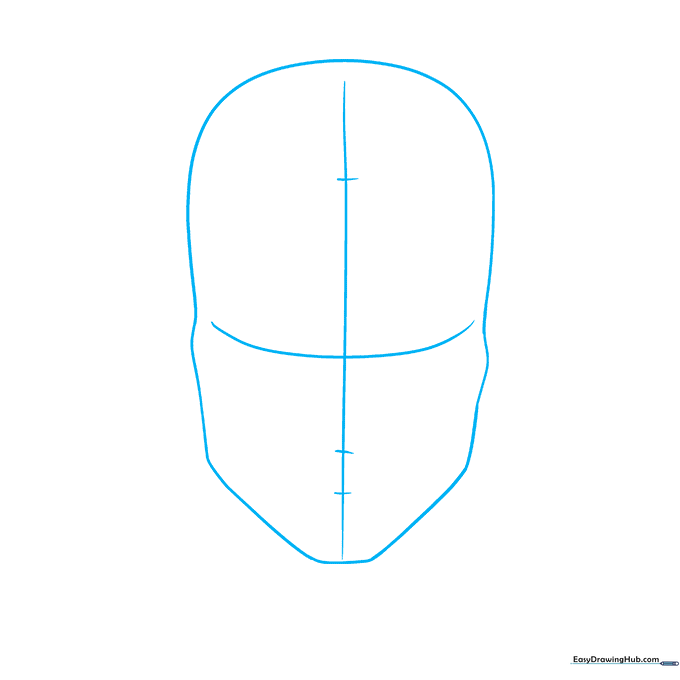 Pencil sketch showing the basic oval head shape and cross-guidelines for an anime character.