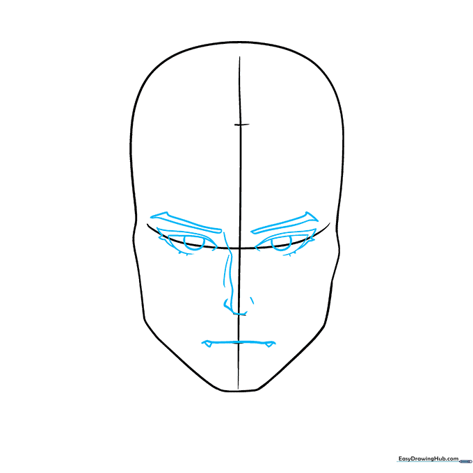 Detailed sketch of anime eyes, eyebrows, nose, and vampire fangs.
