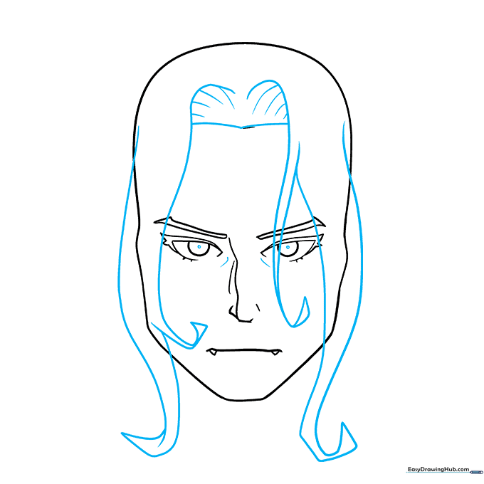 Sketching the messy, spiked anime hair style over the vampire's face.
