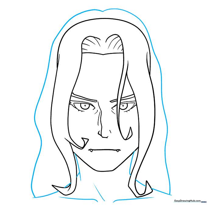 Adding outer hair layers and the neck structure to the vampire drawing.