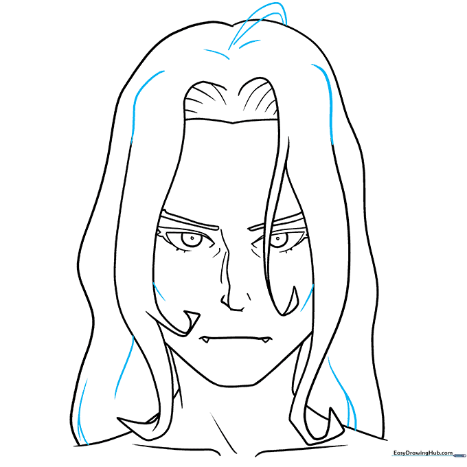 Refining hair texture with small, detailed pencil strokes.