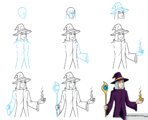 A colorful, finished anime wizard character holding a staff and magical fire, ready for inspiration.