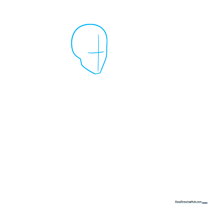 A light pencil sketch of an anime face shape with a grid overlay for 3/4 perspective alignment.