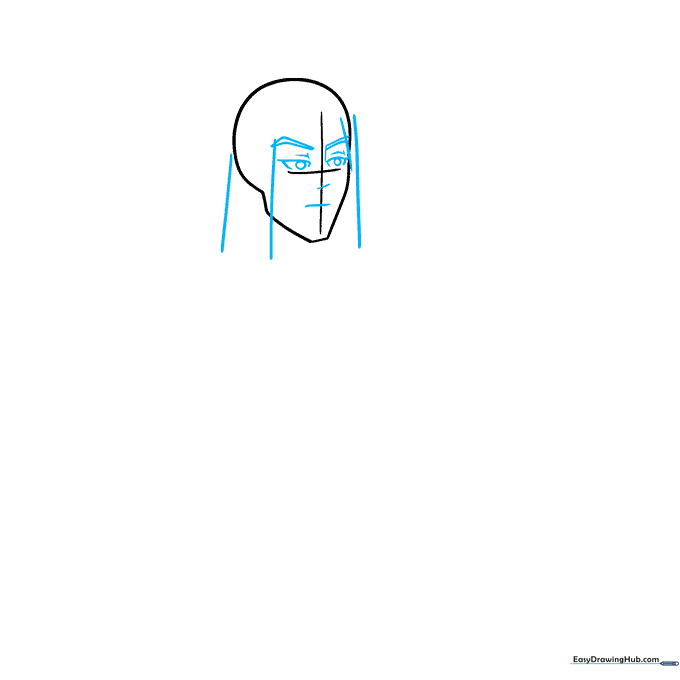 Detailed placement of anime eyes, eyebrows, nose, and mouth on the facial grid with initial hair outlines.