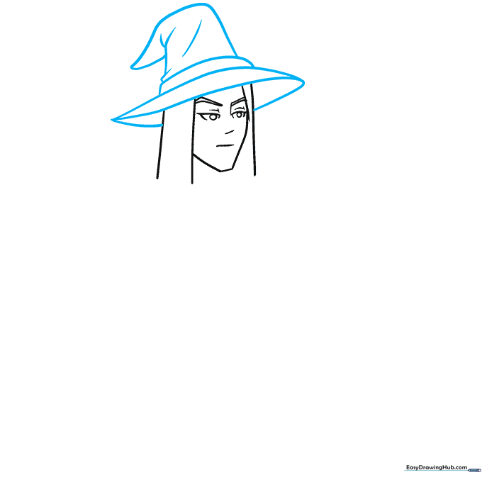 The anime wizard character now wearing a tall, pointed wizard hat after erasing the construction lines.