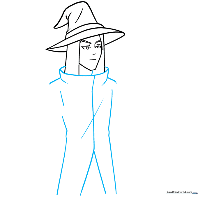 The wizard's long tunic being drawn with curved lines to suggest fabric folds and movement.