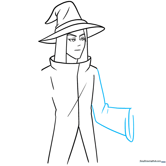 Adding large, flowing wizard sleeves to the tunic using overlapping curved lines.