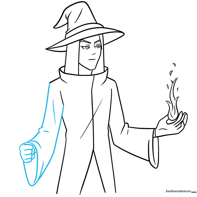 Drawing the second sleeve and a clenched fist to hold the wizard's staff.