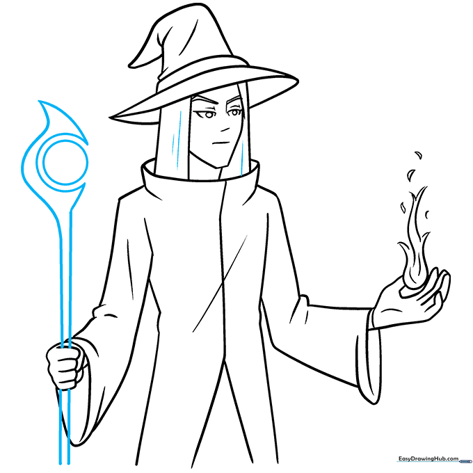 Adding a magical staff to the wizard's hand and refining the hair texture with fine lines.