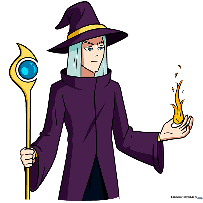 The completed anime wizard drawing, fully colored and shaded.