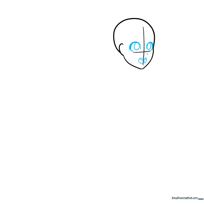 Detailed sketch of anime eyes, nose, and mouth positioned on the face guidelines.