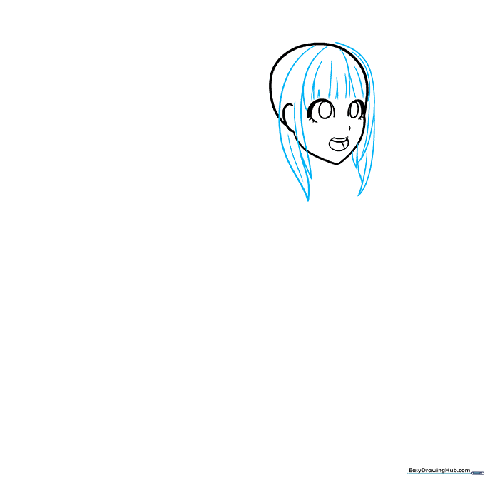 Drawing the character's hair bangs with soft, flowing pencil lines.