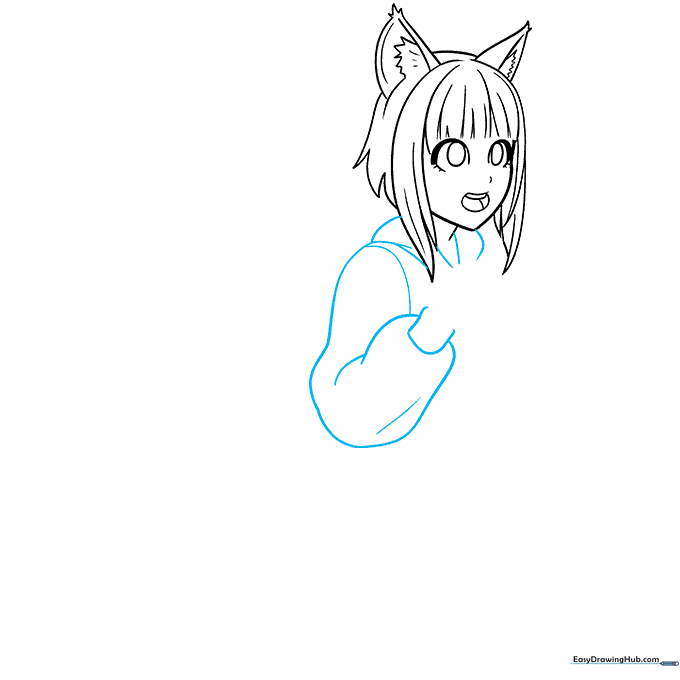 Outlining the character's hoodie and shoulders with soft, rounded lines.