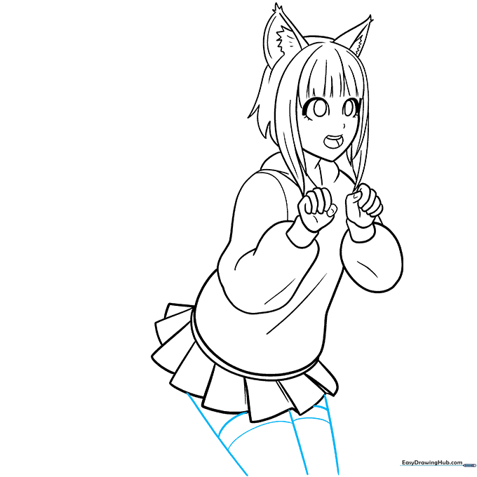 Sketching the character's legs and tall socks.