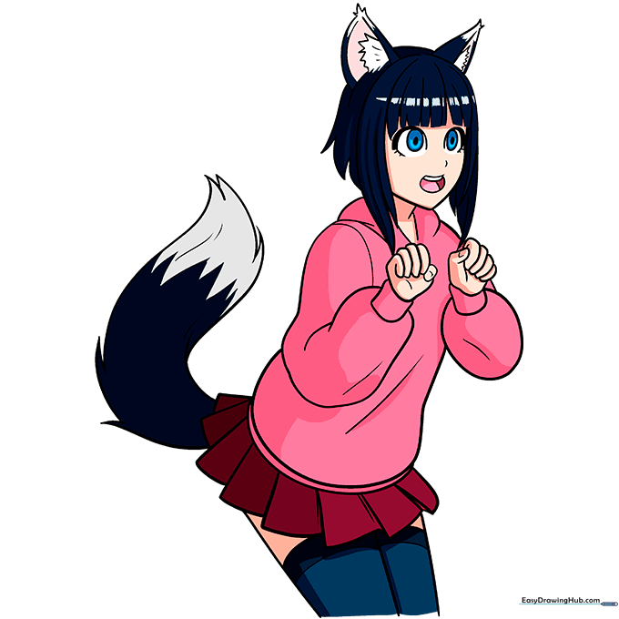 The completed, colored anime wolf girl character.