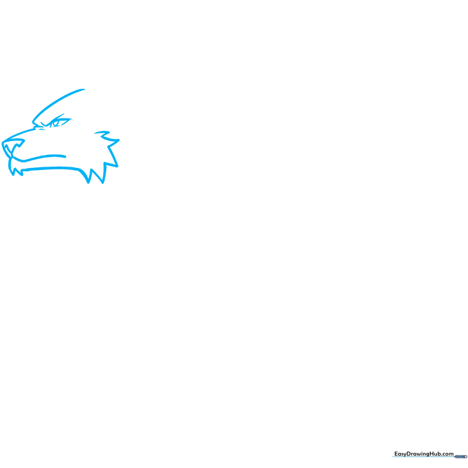 Pencil sketch showing the initial outline of an anime wolf's face with a determined expression.
