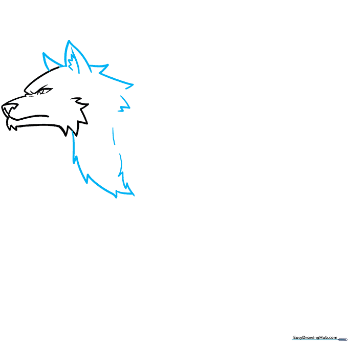 Drawing the pointed ears and neck fur of an anime wolf using jagged line techniques.