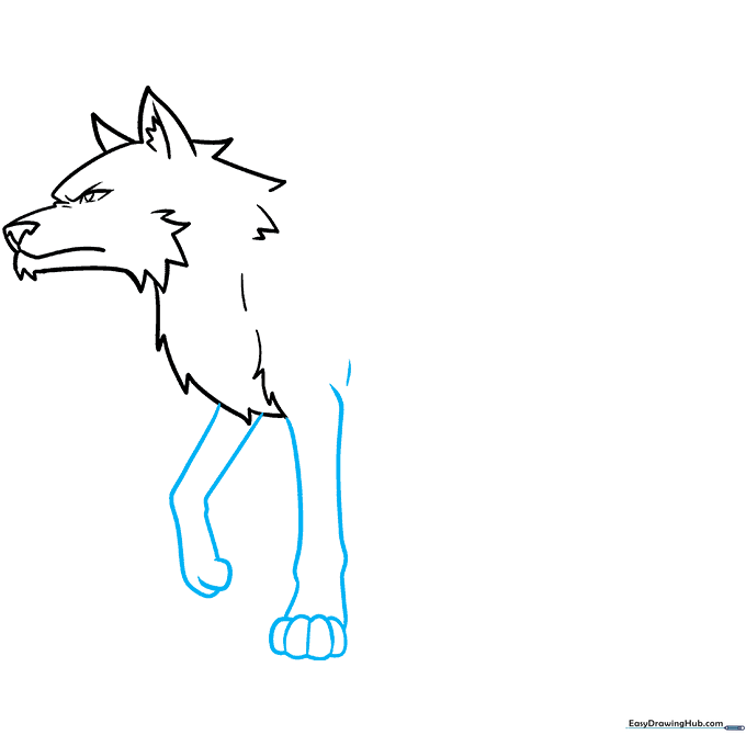 Sketching the front legs and paw details of an anime wolf with smooth, flowing lines.
