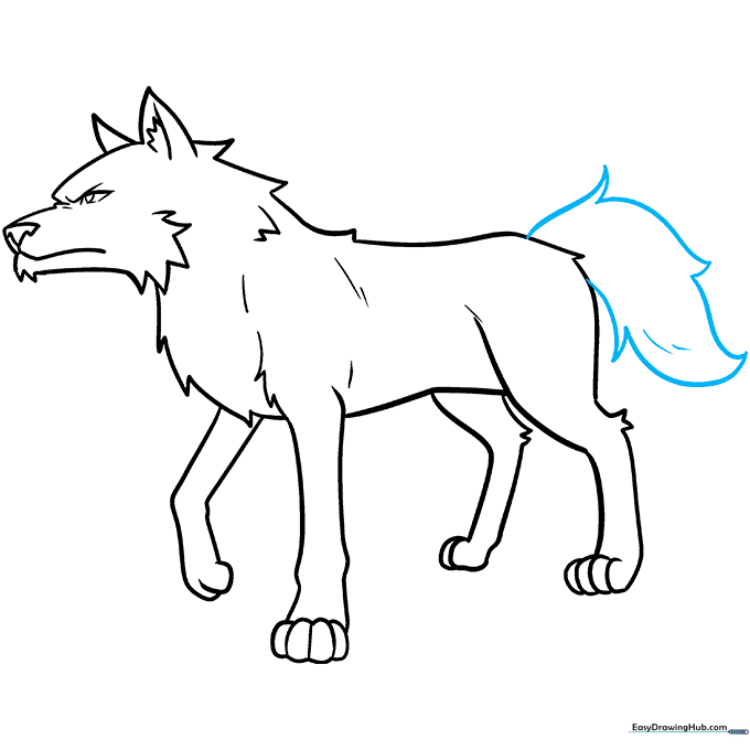 Drawing a large, fluffy tail on the anime wolf to complete the silhouette.