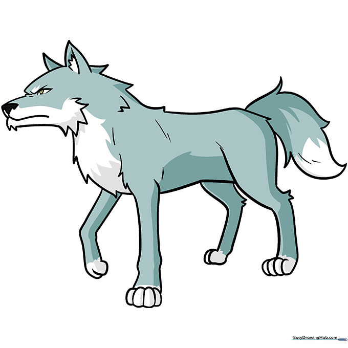 The completed anime wolf drawing with shading and color applied.