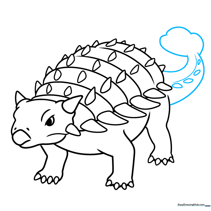 Drawing the heavy, bulbous tail club characteristic of the Ankylosaurus.