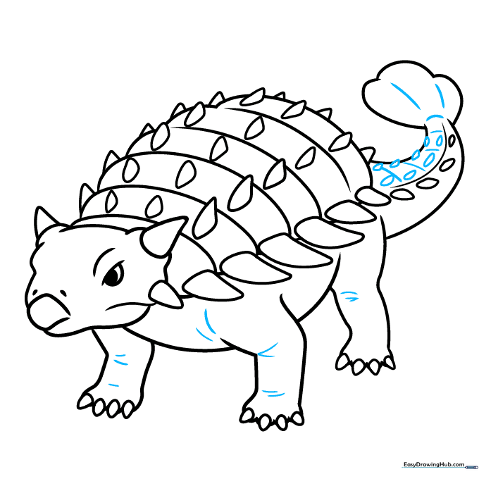 Refining the final outline and adding contour details to the dinosaur's body.