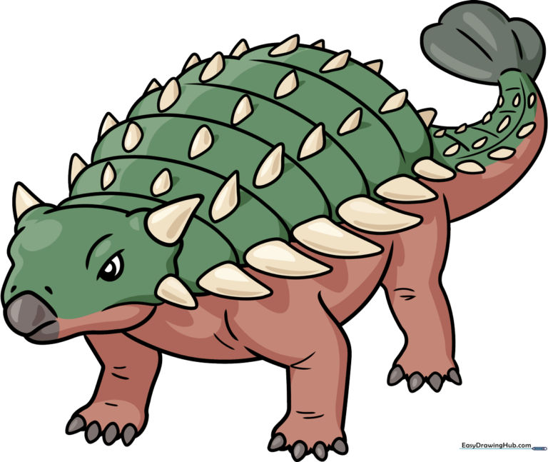 Colorful illustration of a cartoon Ankylosaurus, showcasing the final result of the drawing tutorial.