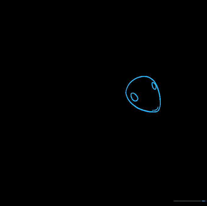 A pencil sketch of an ant's head showing a flattened oval shape with two eye circles and a small curved mouth line.