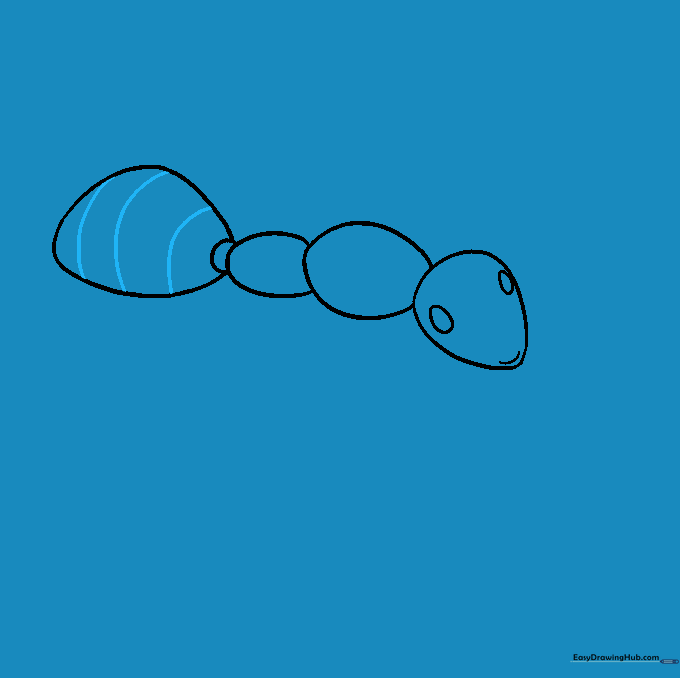 The ant's abdomen now features several parallel curved lines to show the insect's natural segments.