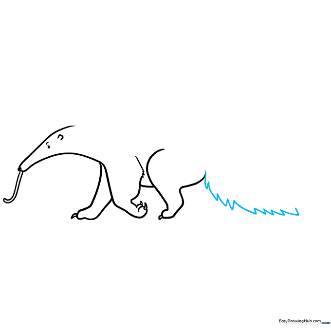 Drawing the base of the anteater's large, bushy tail with jagged fur lines.