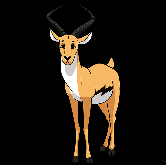 A fully colored, finished drawing of an antelope with tan, white, and black markings.