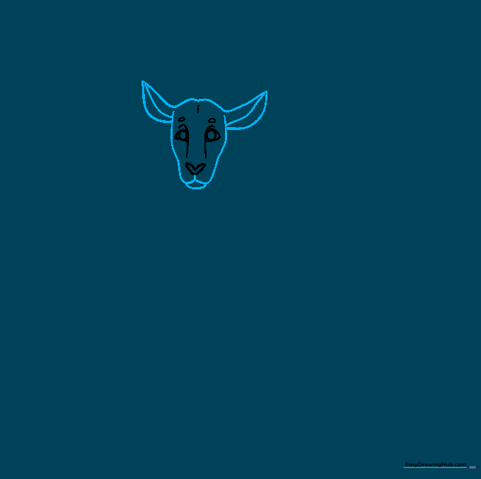 Pencil outline of the antelope's head, showing ears and mouth details.
