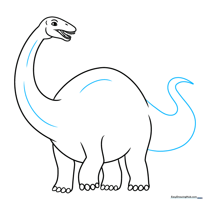 Sketching the long, pointed tail of the Apatosaurus.