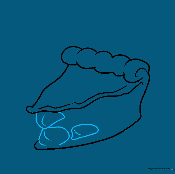 Sketching irregular apple chunks inside the pie slice with small contour lines for detail.