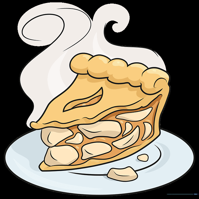 A fully colored, cartoon-style apple pie on a plate with steam rising.