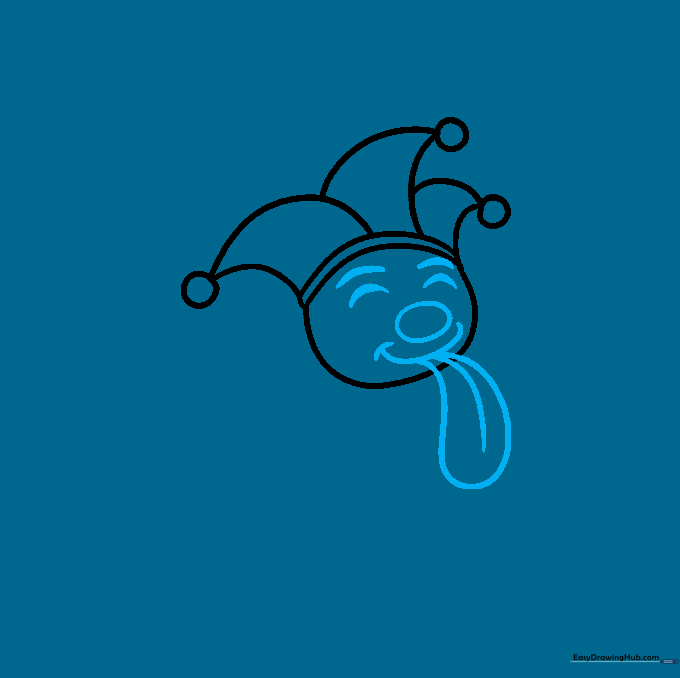 Close up of a cartoon jester face with a wide laughing mouth, oval nose, and closed happy eyes.