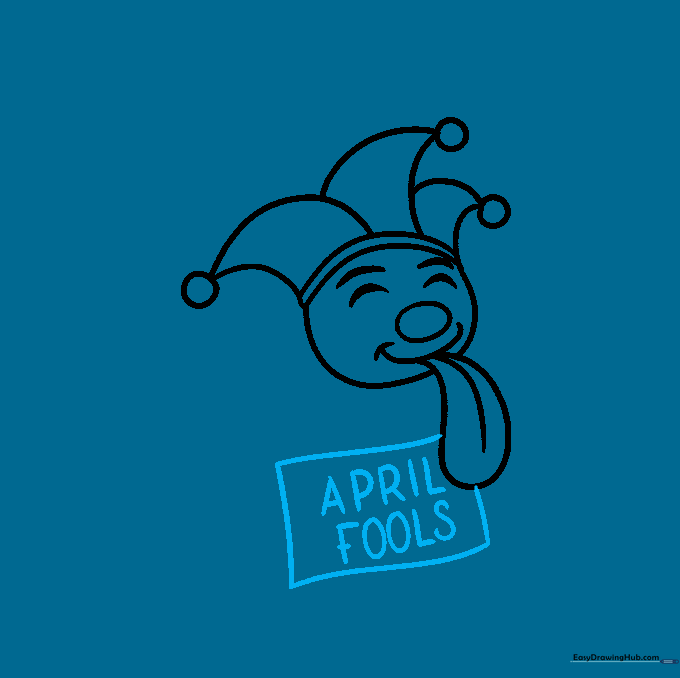 A rectangular sign with the text APRIL FOOLS drawn beneath the jester's head.