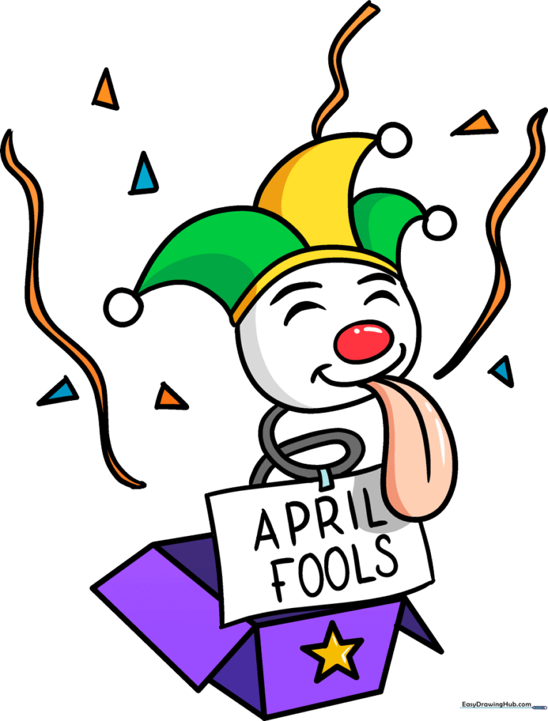 A colorful, finished drawing of a Jack-in-the-box popping out with confetti and streamers.
