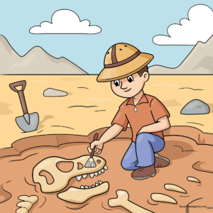 Colorful, finished drawing of an archaeologist working at a dig site with dinosaur fossils.