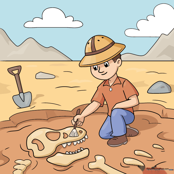 Full-color illustration of the finished archaeologist drawing with earthy tones.