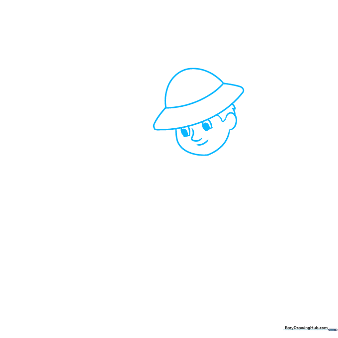 Pencil sketch showing the initial outline of an archaeologist's safari hat and facial features.